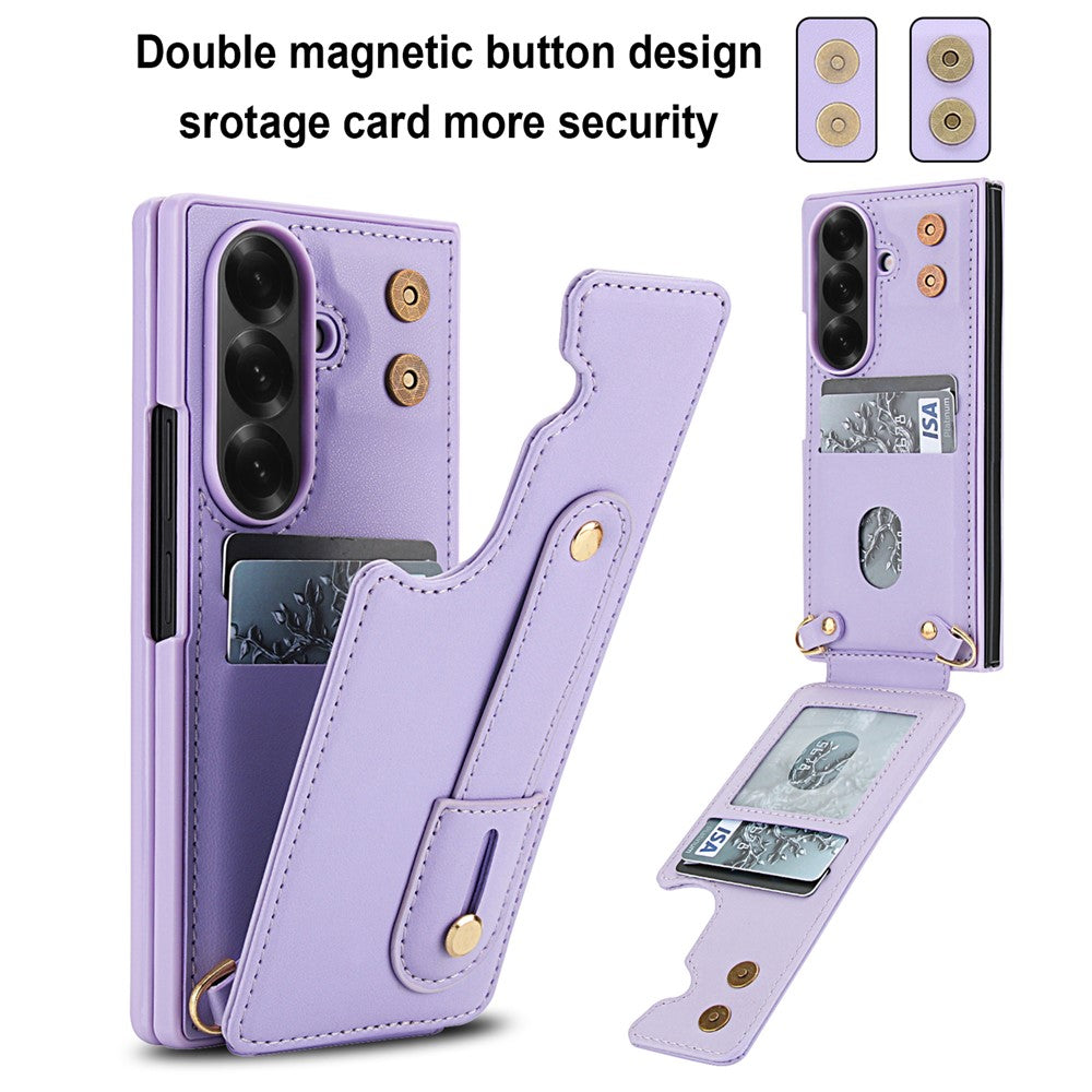 For Samsung Galaxy Z Fold7 5G Case Kickstand Card Slots Leather Coated TPU Cover with Shoulder Strap - Purple