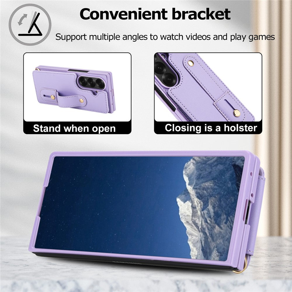 For Samsung Galaxy Z Fold7 5G Case Kickstand Card Slots Leather Coated TPU Cover with Shoulder Strap - Purple
