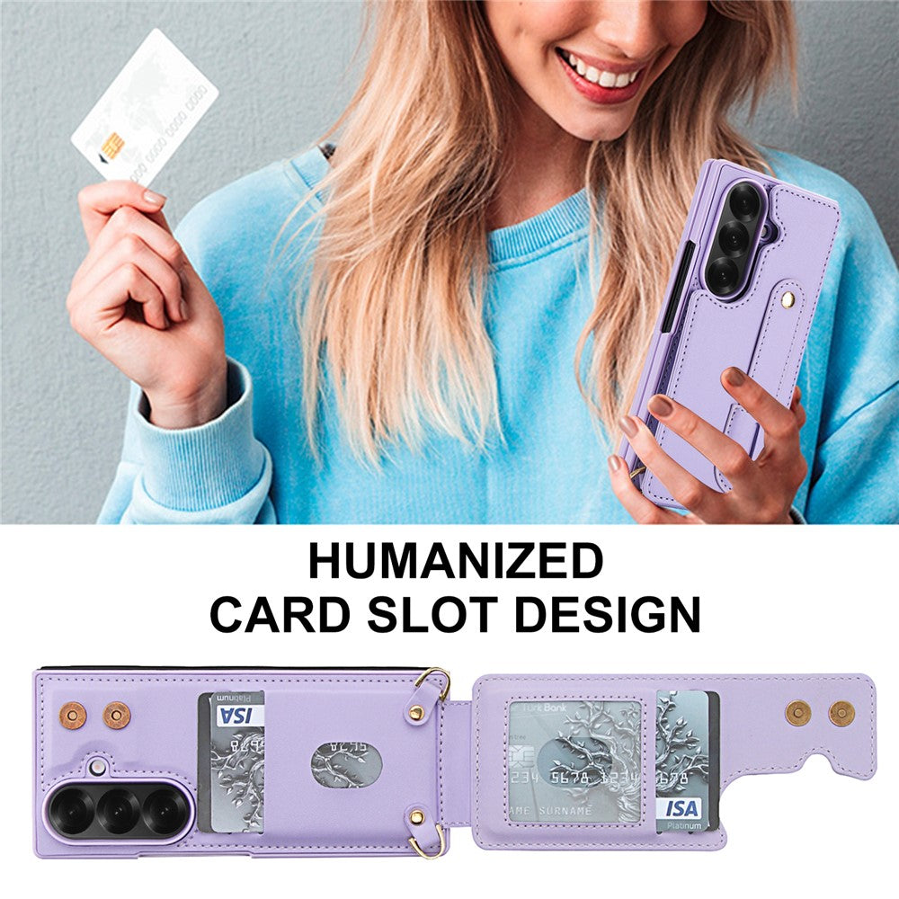 For Samsung Galaxy Z Fold7 5G Case Kickstand Card Slots Leather Coated TPU Cover with Shoulder Strap - Purple