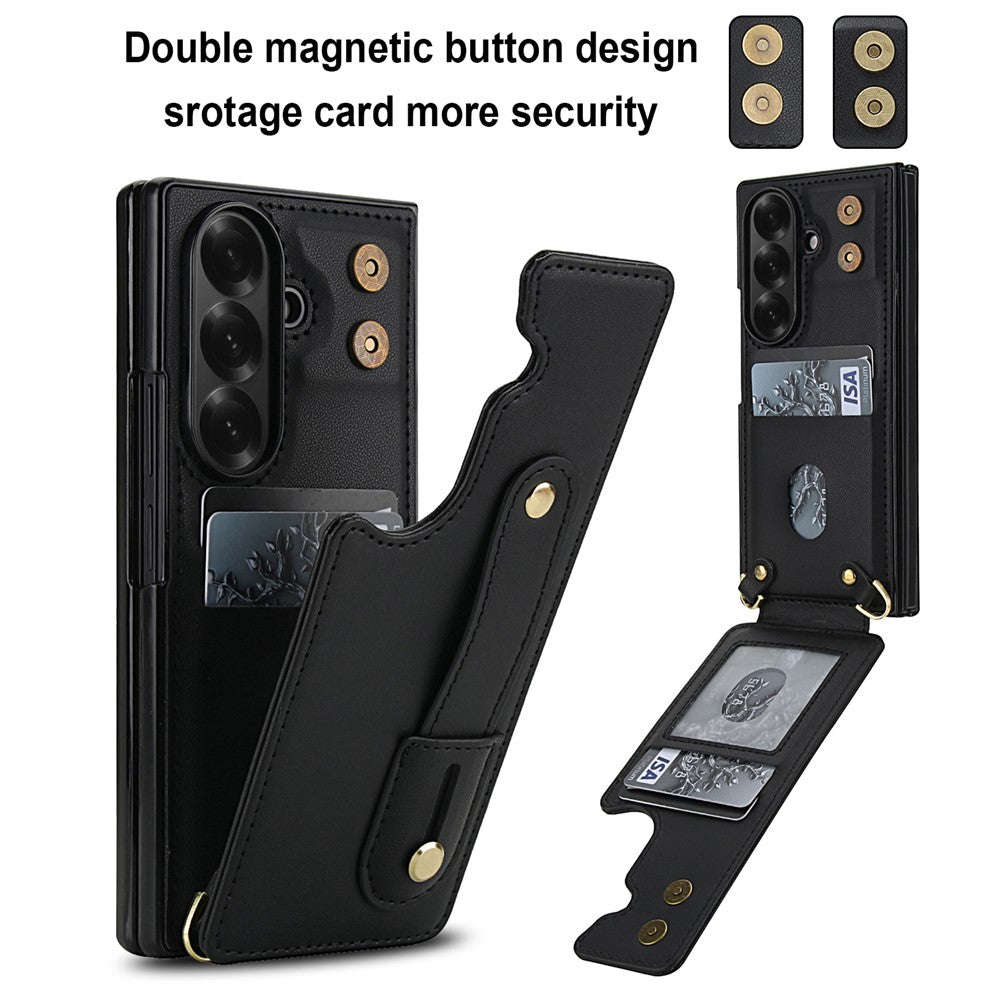 For Samsung Galaxy Z Fold7 5G Case Kickstand Card Slots Leather Coated TPU Cover with Shoulder Strap - Black