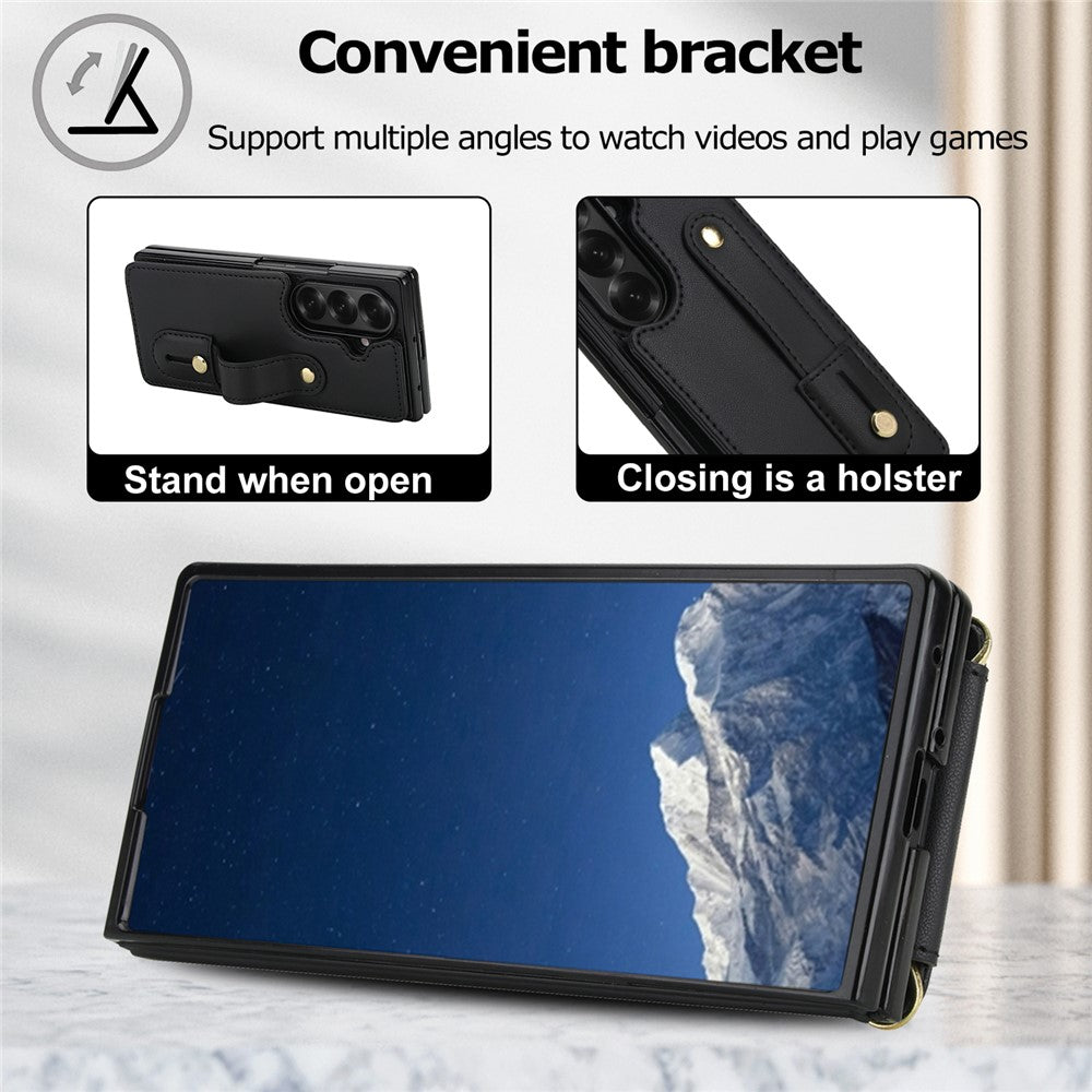 For Samsung Galaxy Z Fold7 5G Case Kickstand Card Slots Leather Coated TPU Cover with Shoulder Strap - Black