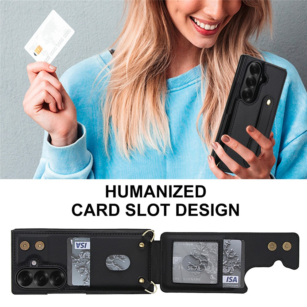 For Samsung Galaxy Z Fold7 5G Case Kickstand Card Slots Leather Coated TPU Cover with Shoulder Strap - Black