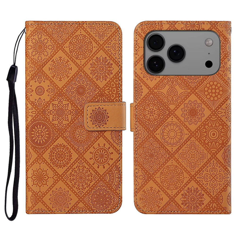For iPhone 17 Pro Max Case Leather Case Ethnic Style Wallet Phone Cover with Strap - Brown