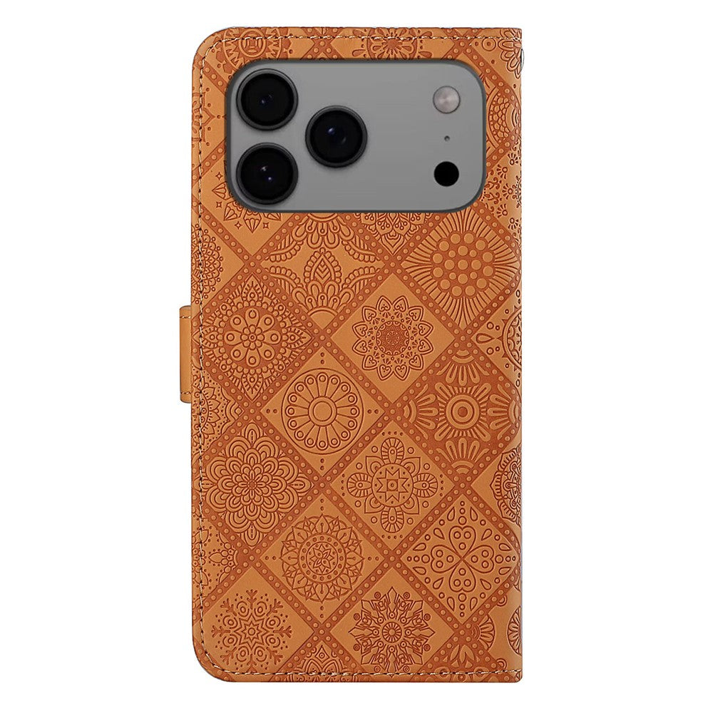For iPhone 17 Pro Max Case Leather Case Ethnic Style Wallet Phone Cover with Strap - Brown
