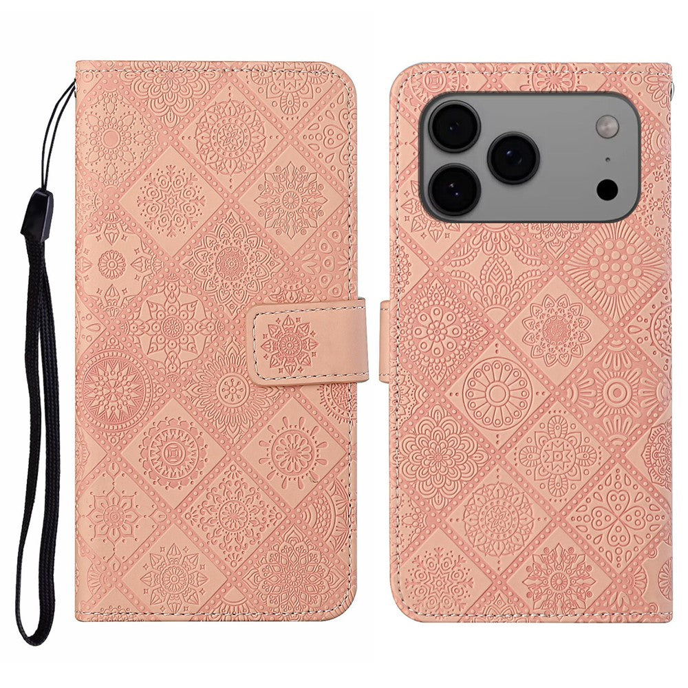For iPhone 17 Pro Max Case Leather Case Ethnic Style Wallet Phone Cover with Strap - Pink
