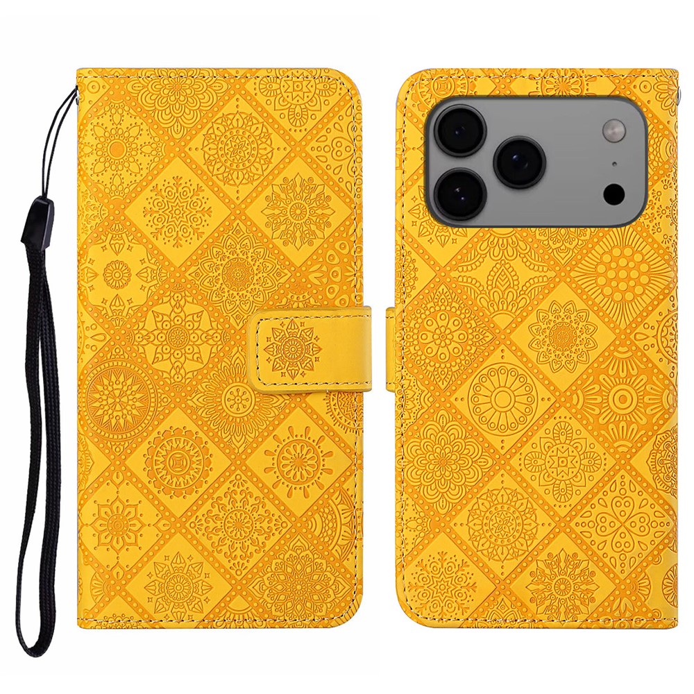 For iPhone 17 Pro Max Case Leather Case Ethnic Style Wallet Phone Cover with Strap - Yellow