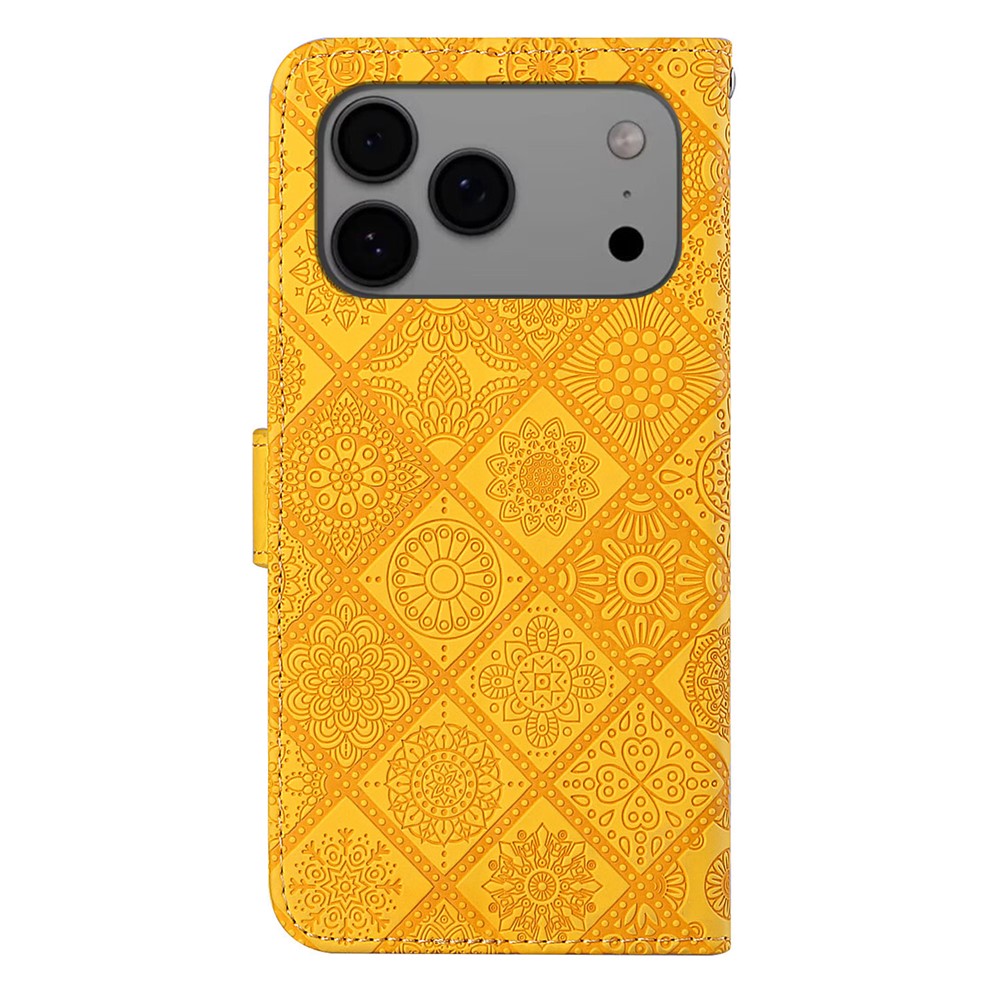 For iPhone 17 Pro Max Case Leather Case Ethnic Style Wallet Phone Cover with Strap - Yellow