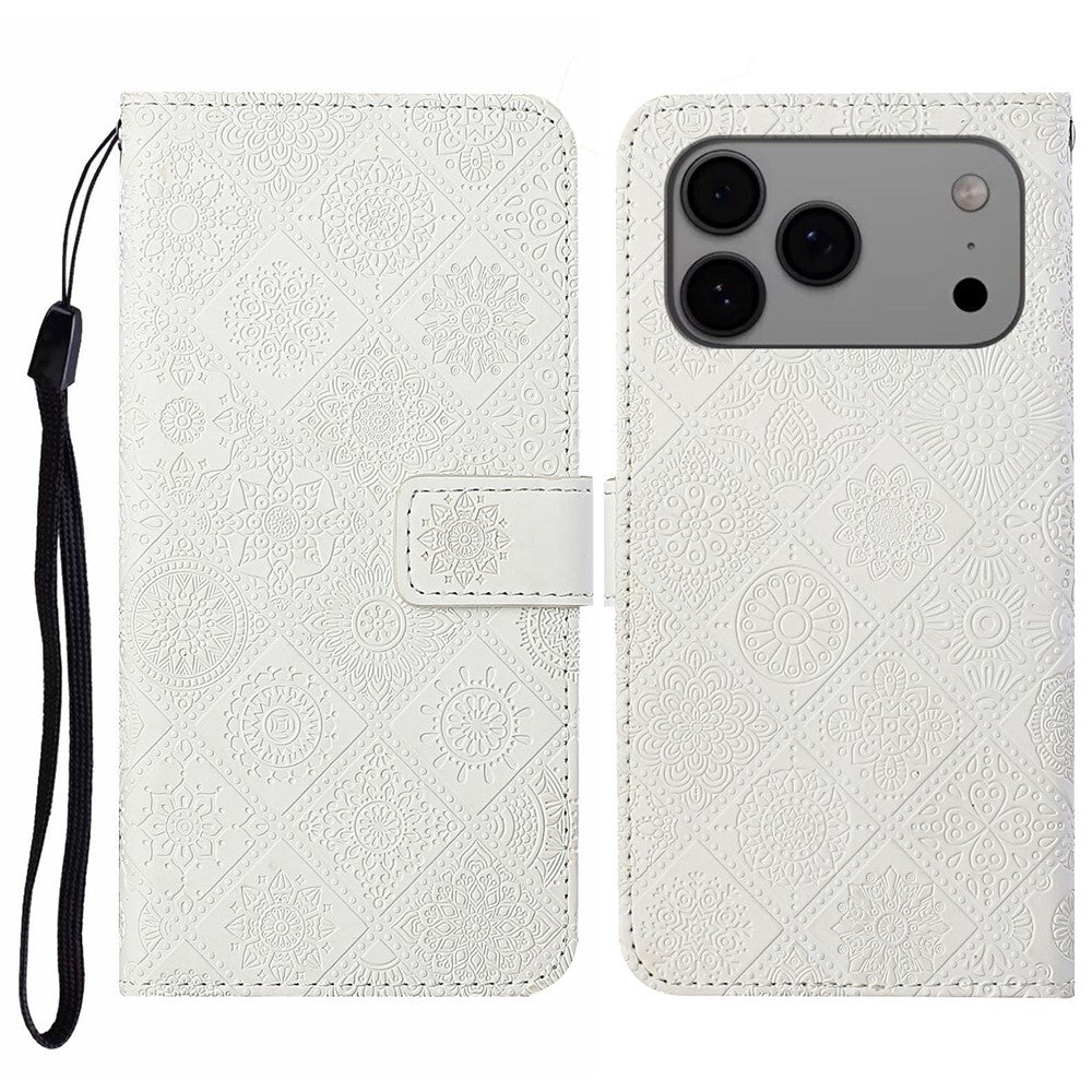 For iPhone 17 Pro Max Case Leather Case Ethnic Style Wallet Phone Cover with Strap - White