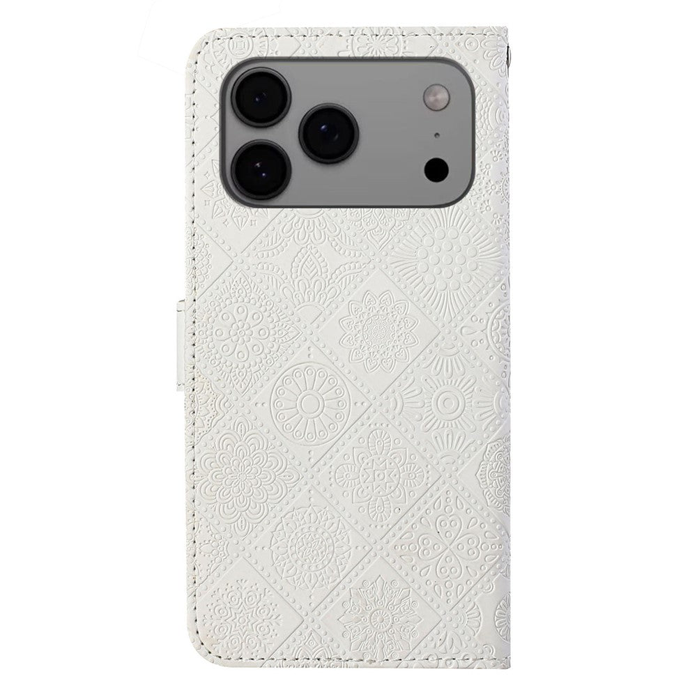 For iPhone 17 Pro Max Case Leather Case Ethnic Style Wallet Phone Cover with Strap - White