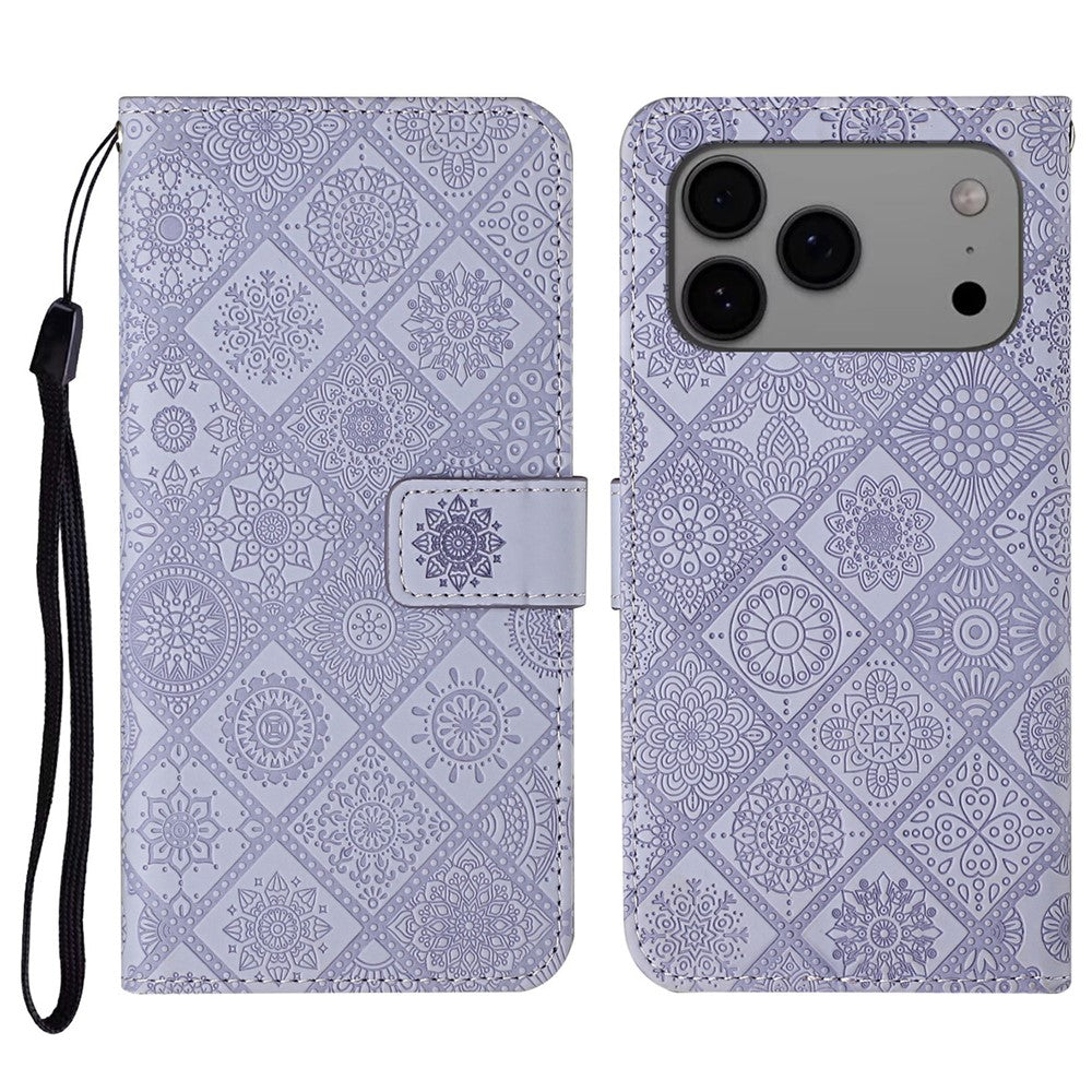 For iPhone 17 Pro Max Case Leather Case Ethnic Style Wallet Phone Cover with Strap - Purple