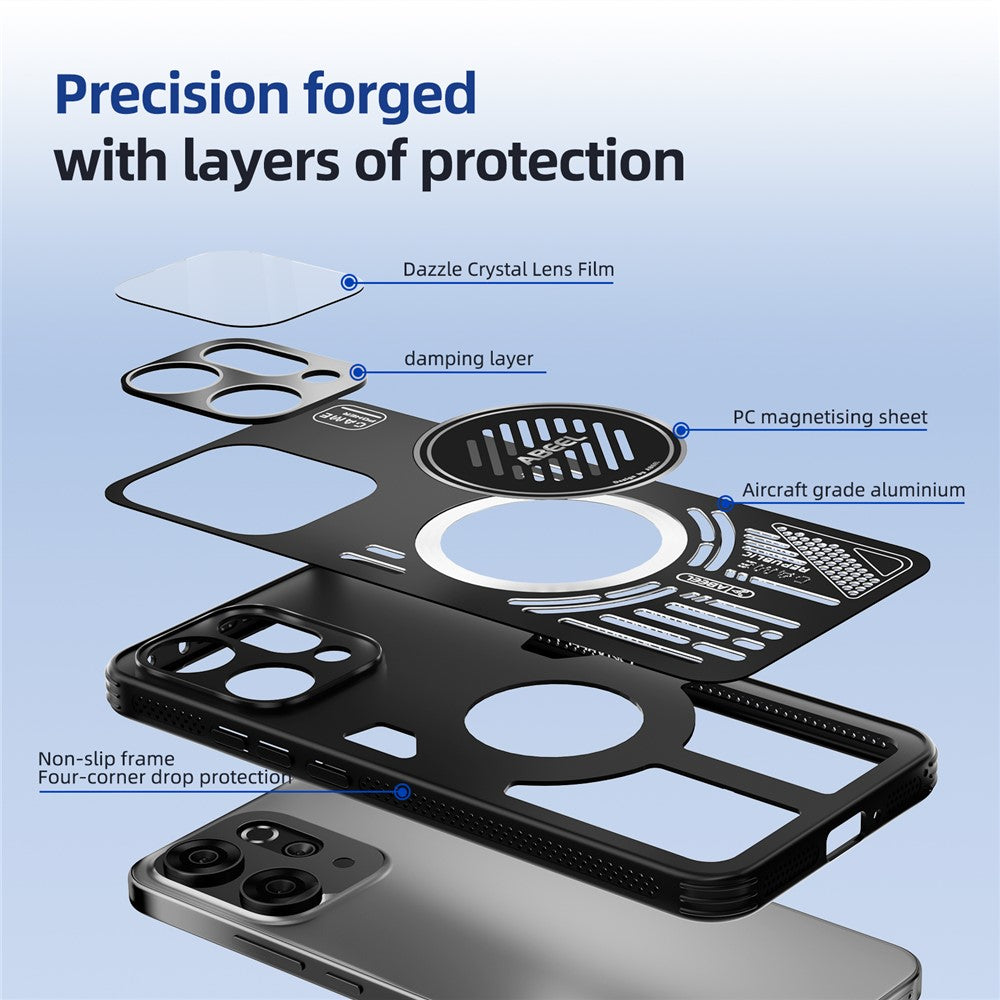 ABEEL For Oppo Reno14 Pro 5G (Global) Magnetic Case Aluminium Alloy + PC + TPU Hollow Heat Dissipation Phone Cover - Titanium Grey