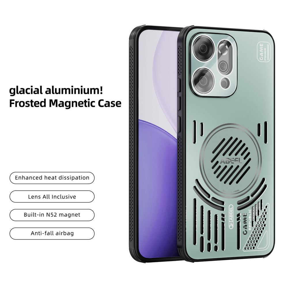 ABEEL For Oppo Reno14 Pro 5G (Global) Magnetic Case Aluminium Alloy + PC + TPU Hollow Heat Dissipation Phone Cover - Light Green