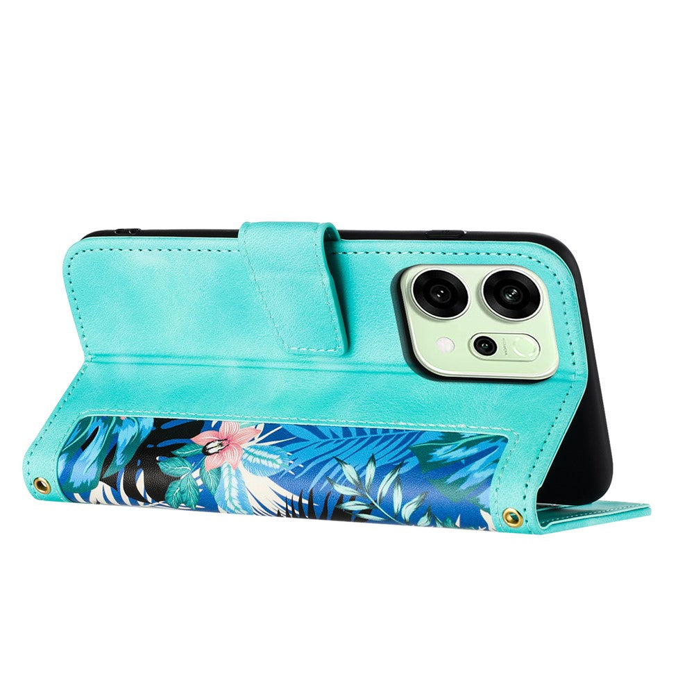 For Oppo Reno14 Pro 5G (Global) / Reno13 Pro 5G Case PU Leather Floral Phone Cover with Card Slots / Wrist Strap - Green