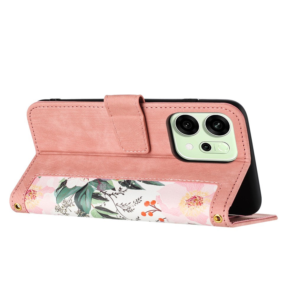 For Oppo Reno14 Pro 5G (Global) / Reno13 Pro 5G Case PU Leather Floral Phone Cover with Card Slots / Wrist Strap - Pink