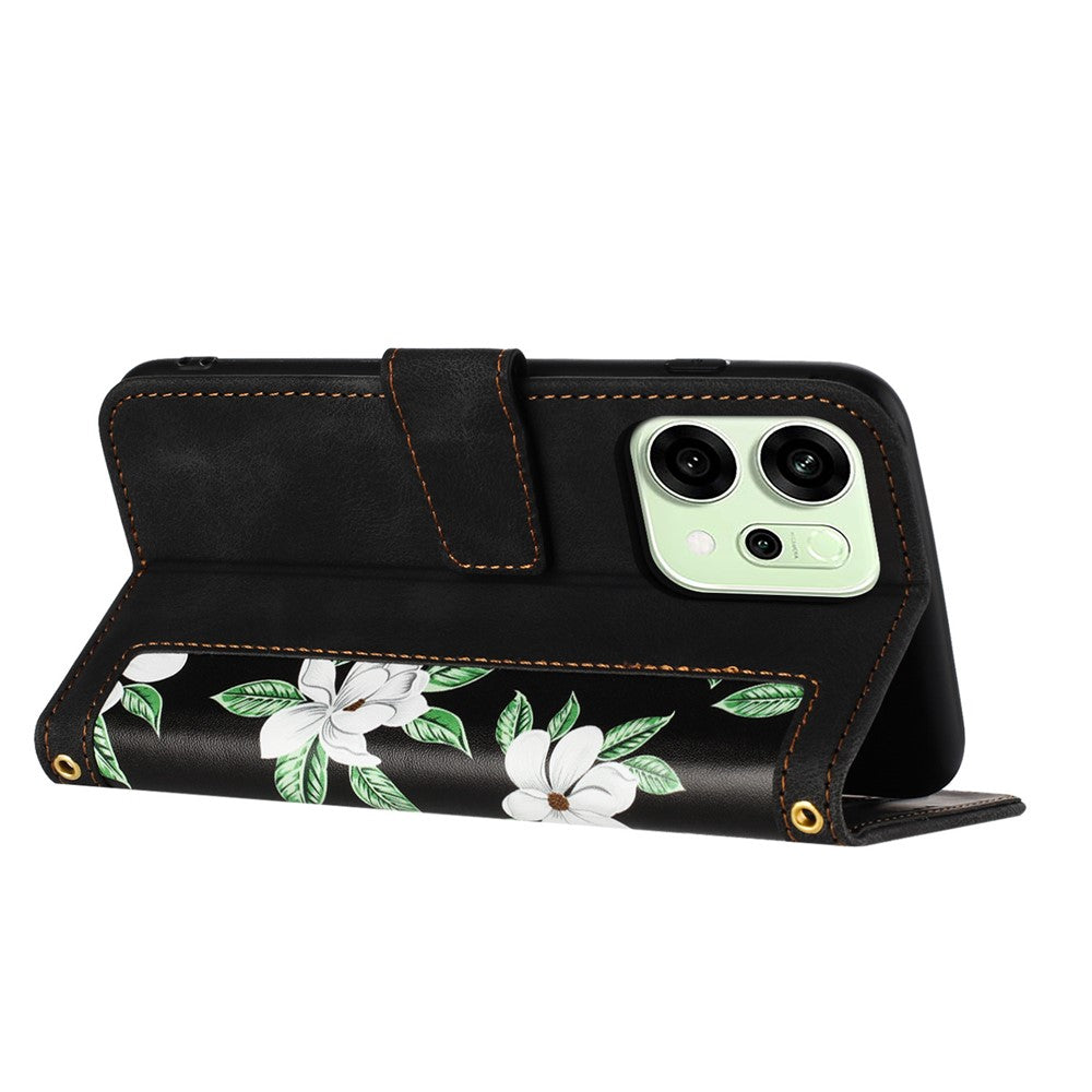 For Oppo Reno14 Pro 5G (Global) / Reno13 Pro 5G Case PU Leather Floral Phone Cover with Card Slots / Wrist Strap - Black