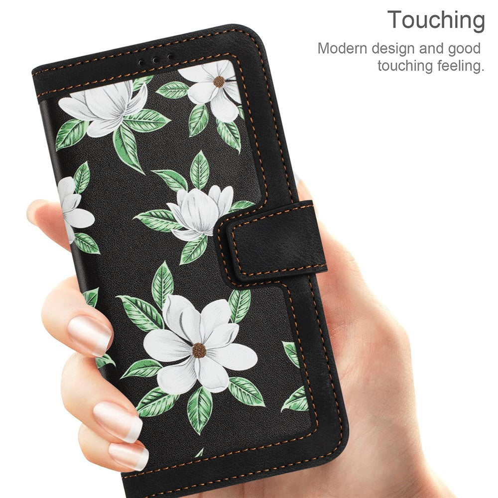 For Oppo Reno14 Pro 5G (Global) / Reno13 Pro 5G Case PU Leather Floral Phone Cover with Card Slots / Wrist Strap - Black