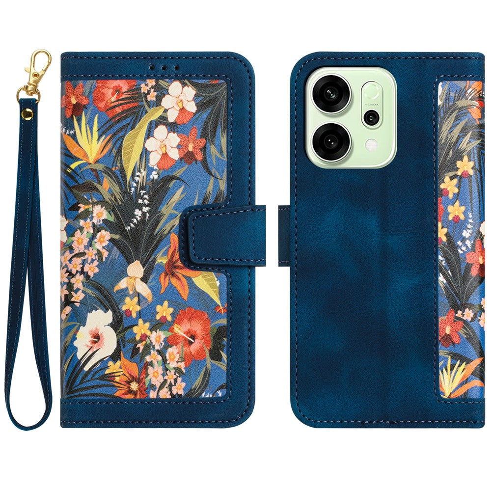 For Oppo Reno14 Pro 5G (Global) / Reno13 Pro 5G Case PU Leather Floral Phone Cover with Card Slots / Wrist Strap - Dark Blue
