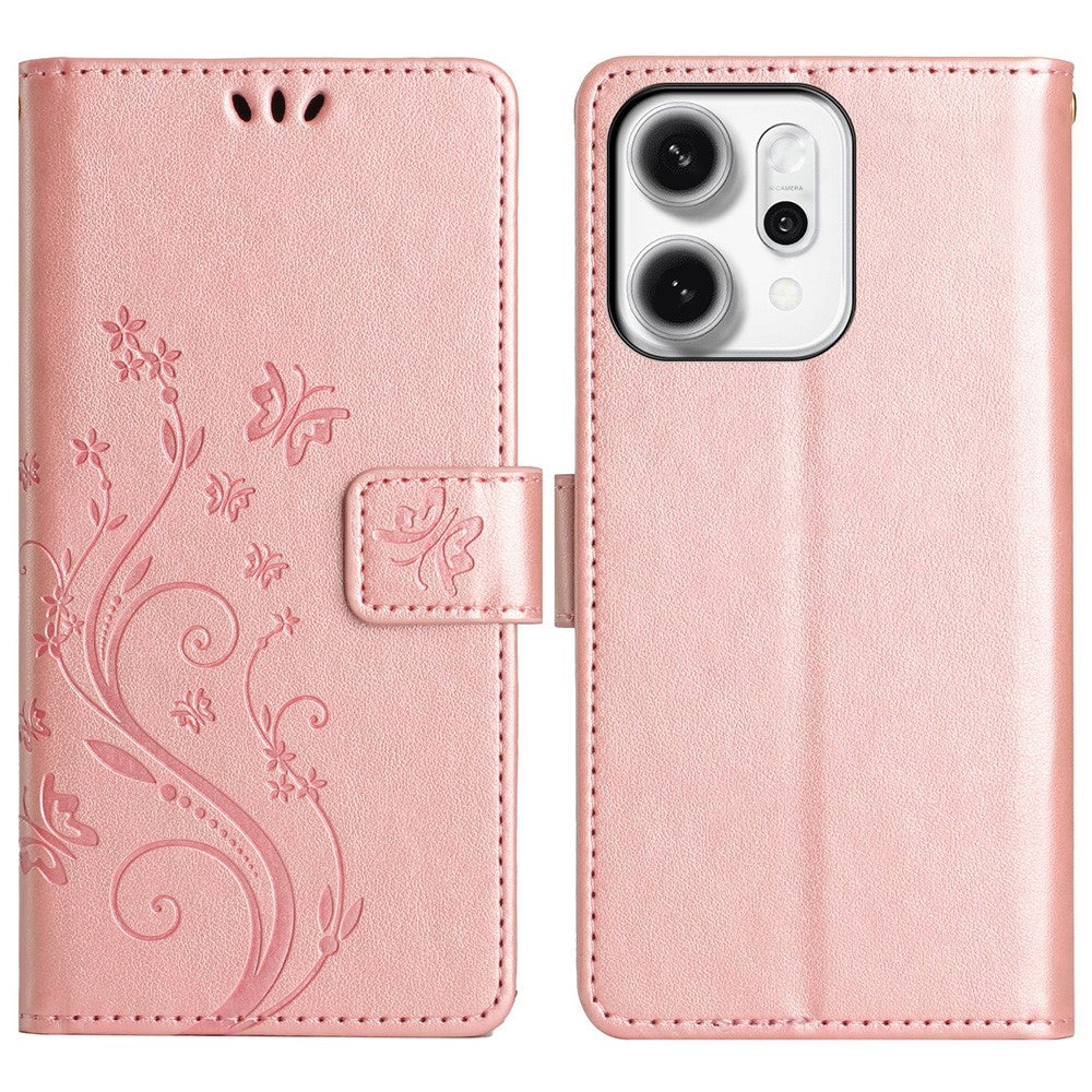 For Oppo Reno14 Pro 5G (Global) / Reno13 Pro 5G Leather Wallet Case Butterfly Flower Imprint Phone Cover with Strap - Rose Gold