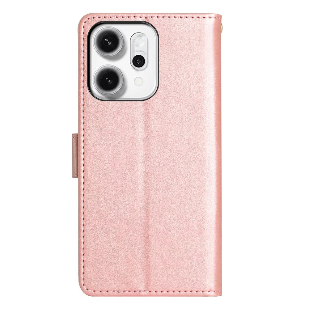 For Oppo Reno14 Pro 5G (Global) / Reno13 Pro 5G Leather Wallet Case Butterfly Flower Imprint Phone Cover with Strap - Rose Gold