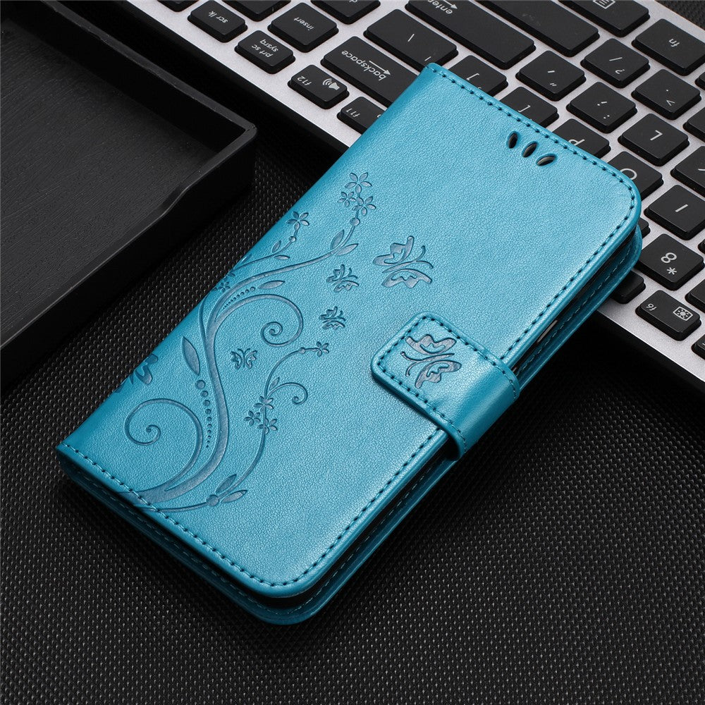 For Oppo Reno14 Pro 5G (Global) / Reno13 Pro 5G Leather Wallet Case Butterfly Flower Imprint Phone Cover with Strap - Blue