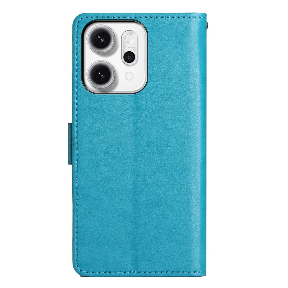 For Oppo Reno14 Pro 5G (Global) / Reno13 Pro 5G Leather Wallet Case Butterfly Flower Imprint Phone Cover with Strap - Blue