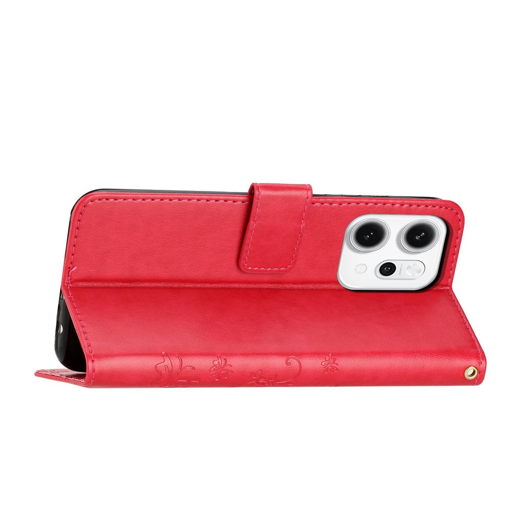 For Oppo Reno14 Pro 5G (Global) / Reno13 Pro 5G Leather Wallet Case Butterfly Flower Imprint Phone Cover with Strap - Red