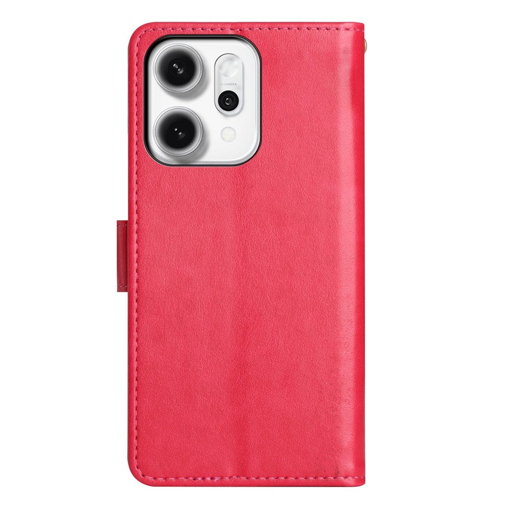 For Oppo Reno14 Pro 5G (Global) / Reno13 Pro 5G Leather Wallet Case Butterfly Flower Imprint Phone Cover with Strap - Red