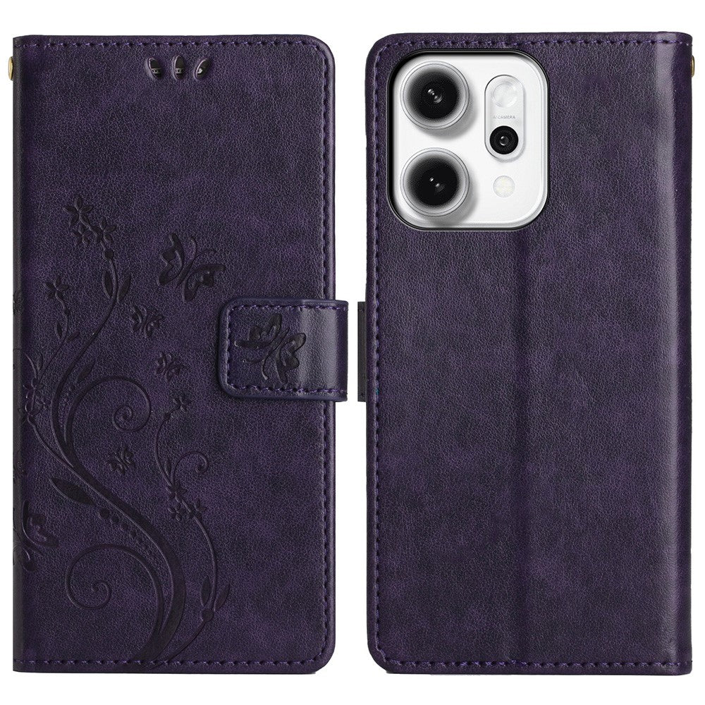 For Oppo Reno14 Pro 5G (Global) / Reno13 Pro 5G Leather Wallet Case Butterfly Flower Imprint Phone Cover with Strap - Dark Purple
