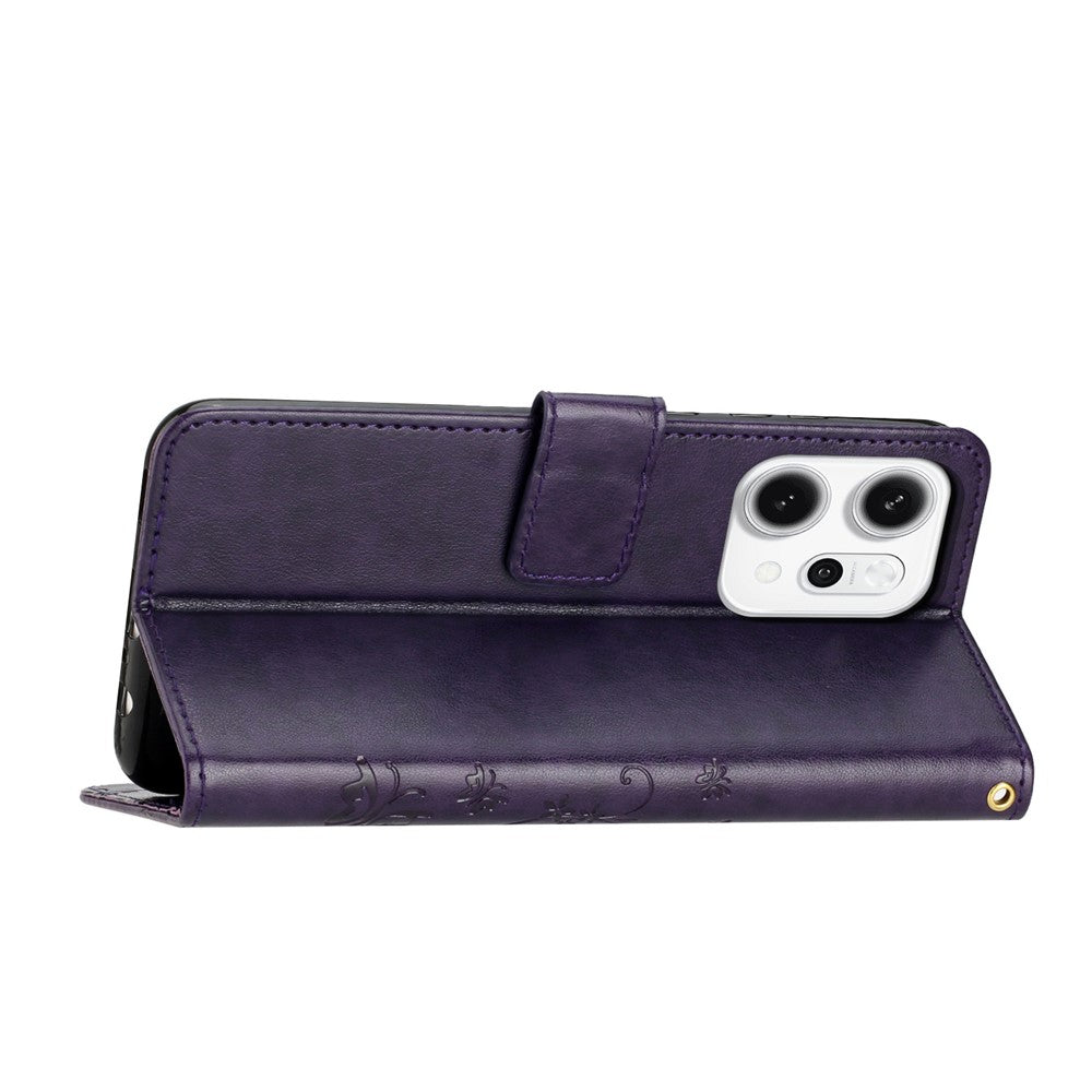 For Oppo Reno14 Pro 5G (Global) / Reno13 Pro 5G Leather Wallet Case Butterfly Flower Imprint Phone Cover with Strap - Dark Purple