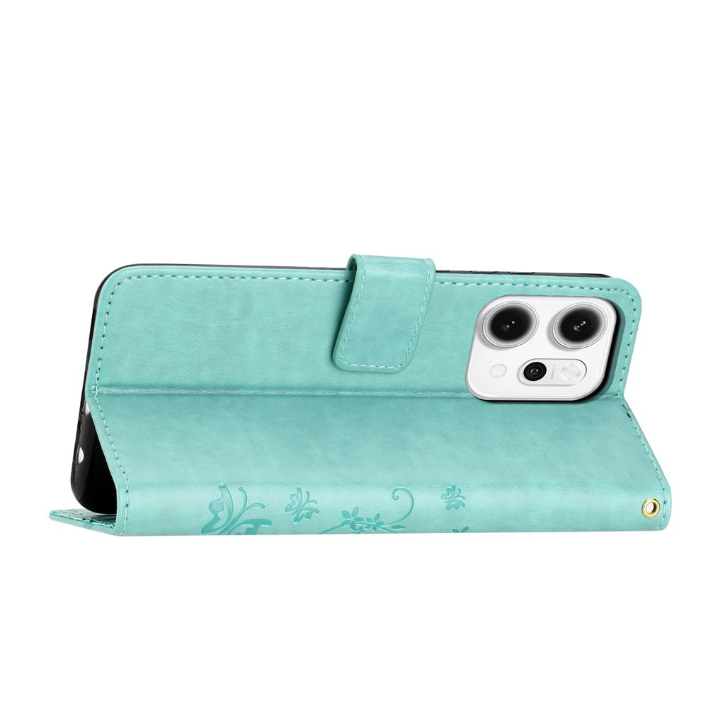 For Oppo Reno14 Pro 5G (Global) / Reno13 Pro 5G Leather Wallet Case Butterfly Flower Imprint Phone Cover with Strap - Baby Blue