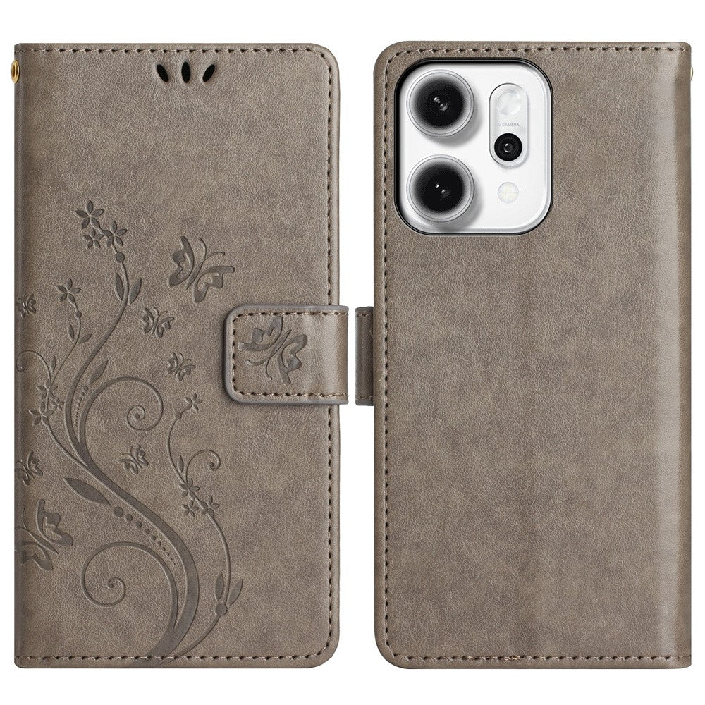 For Oppo Reno14 Pro 5G (Global) / Reno13 Pro 5G Leather Wallet Case Butterfly Flower Imprint Phone Cover with Strap - Grey