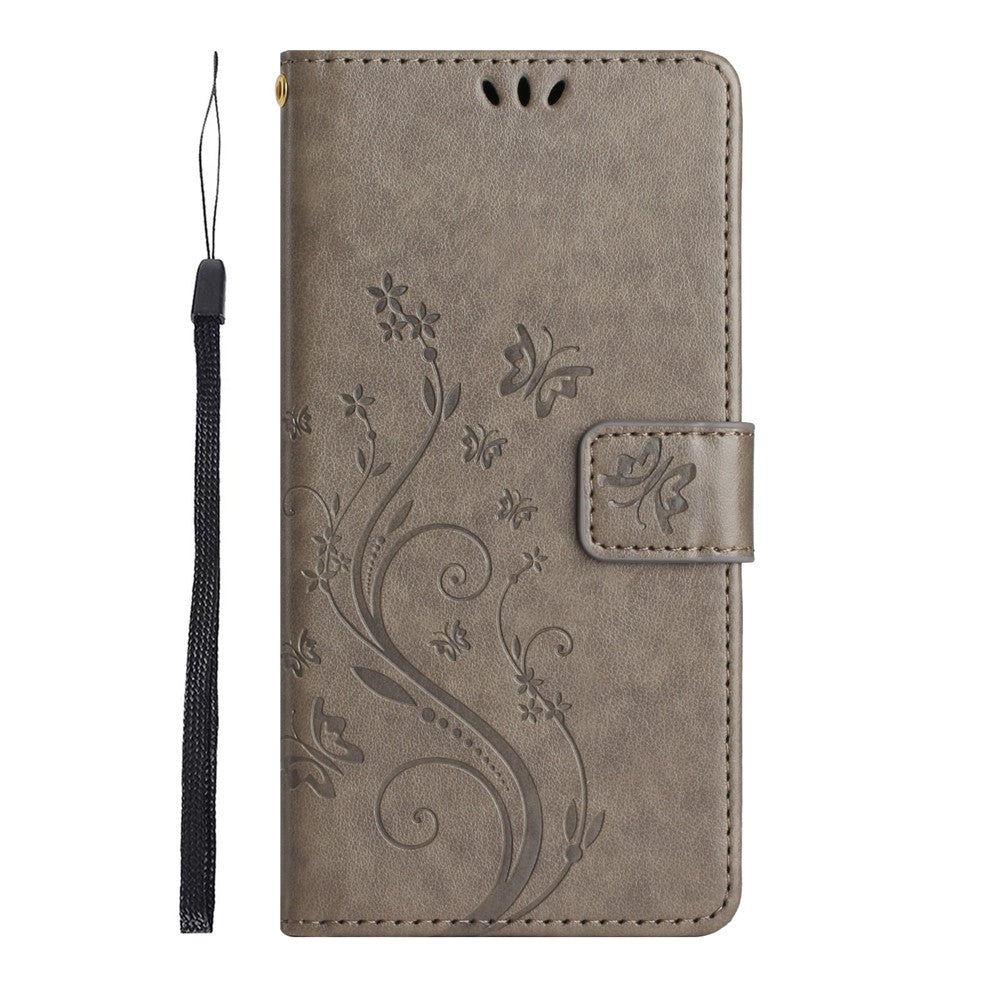 For Oppo Reno14 Pro 5G (Global) / Reno13 Pro 5G Leather Wallet Case Butterfly Flower Imprint Phone Cover with Strap - Grey