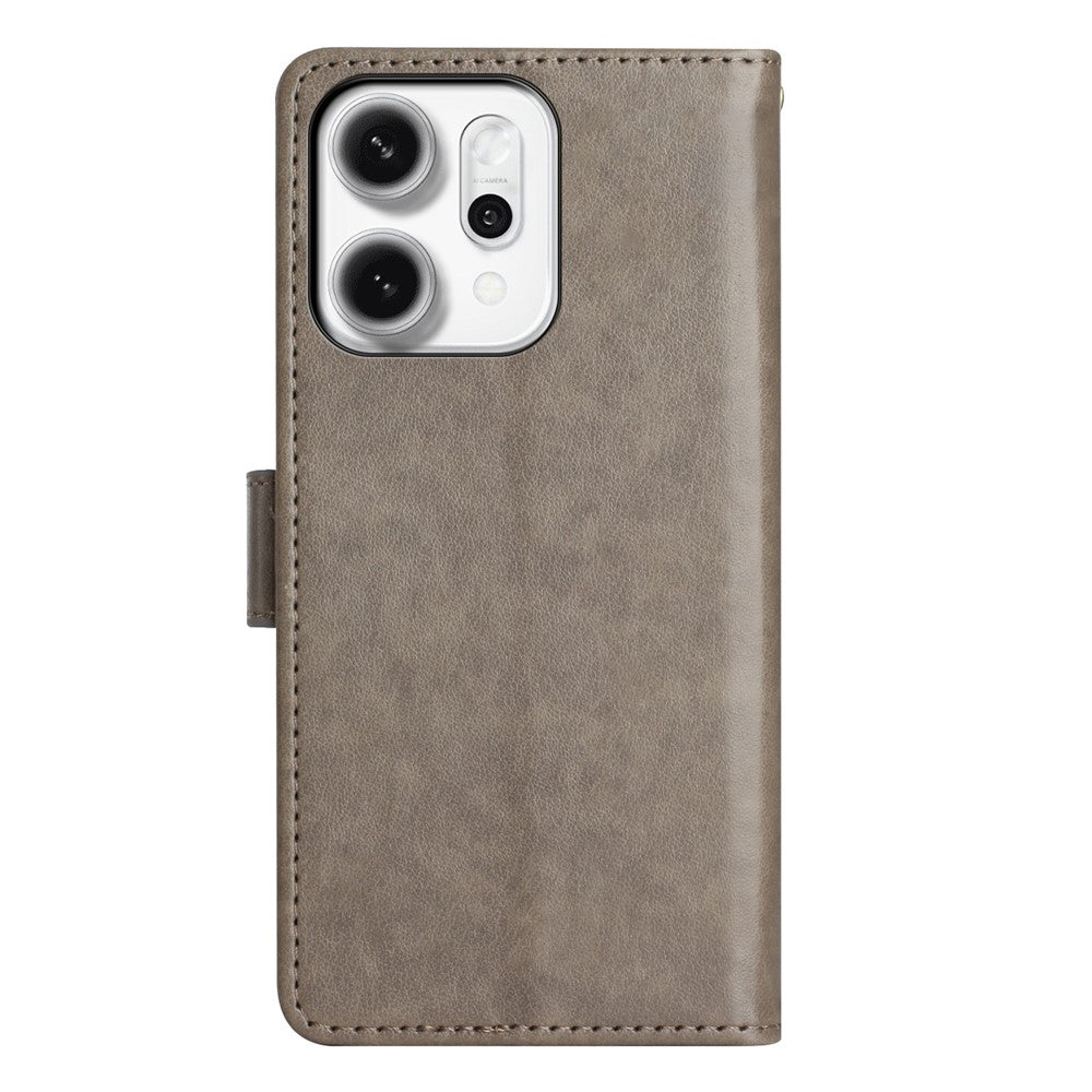 For Oppo Reno14 Pro 5G (Global) / Reno13 Pro 5G Leather Wallet Case Butterfly Flower Imprint Phone Cover with Strap - Grey