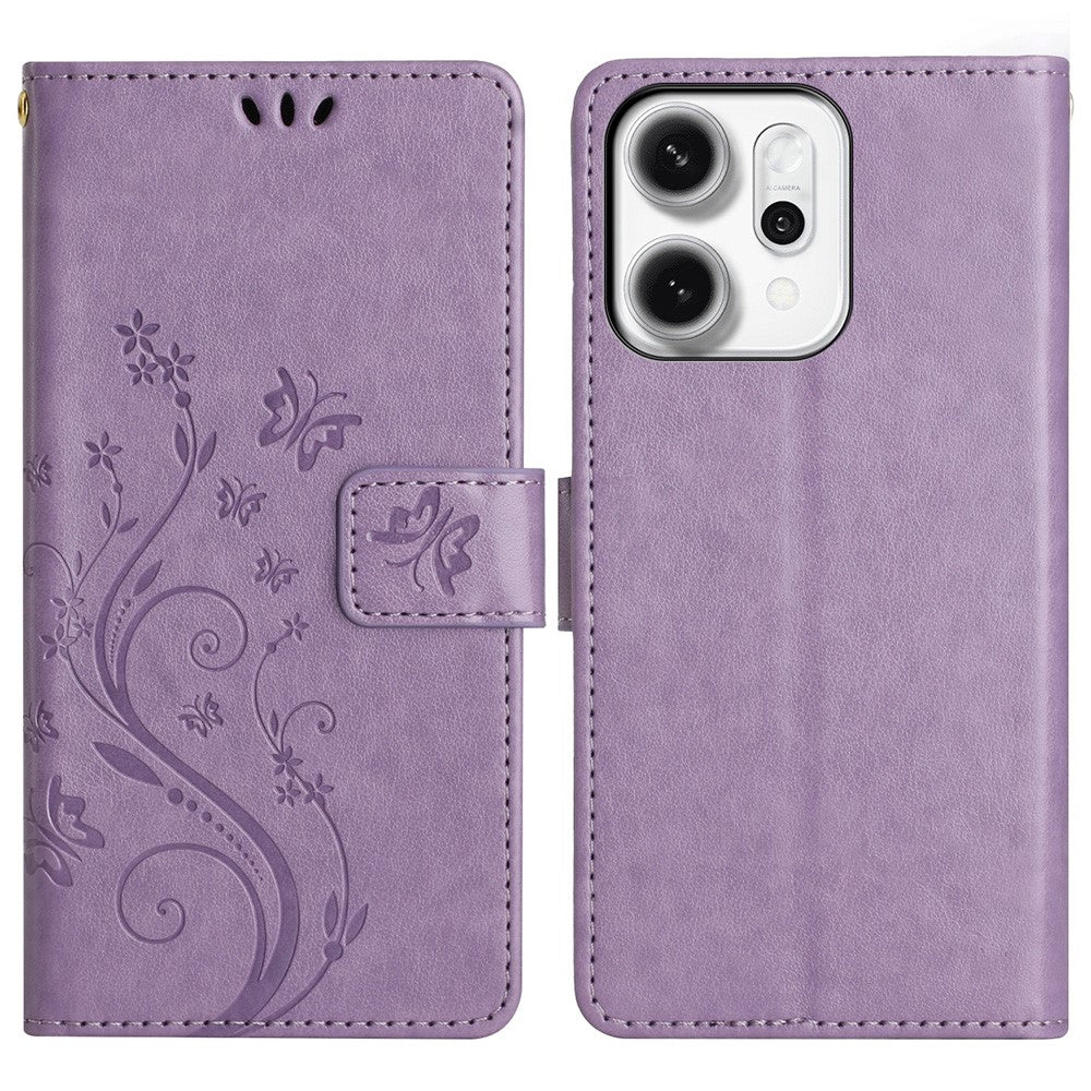 For Oppo Reno14 Pro 5G (Global) / Reno13 Pro 5G Leather Wallet Case Butterfly Flower Imprint Phone Cover with Strap - Light Purple