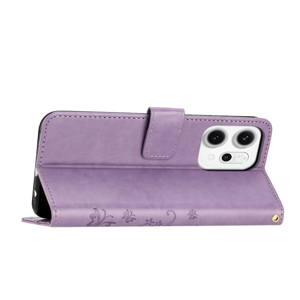 For Oppo Reno14 Pro 5G (Global) / Reno13 Pro 5G Leather Wallet Case Butterfly Flower Imprint Phone Cover with Strap - Light Purple