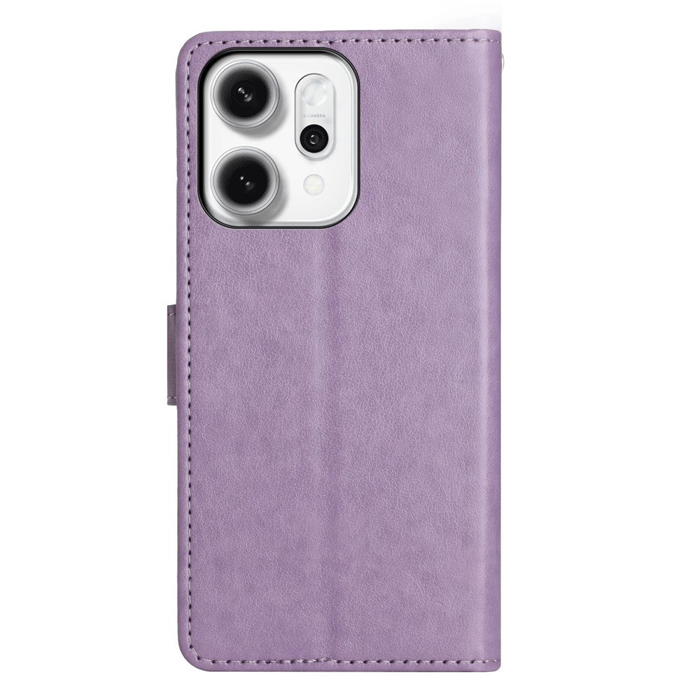 For Oppo Reno14 Pro 5G (Global) / Reno13 Pro 5G Leather Wallet Case Butterfly Flower Imprint Phone Cover with Strap - Light Purple