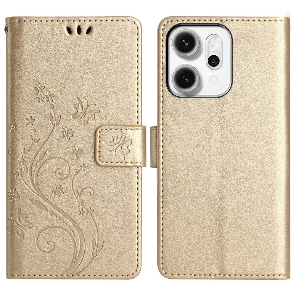 For Oppo Reno14 Pro 5G (Global) / Reno13 Pro 5G Leather Wallet Case Butterfly Flower Imprint Phone Cover with Strap - Gold
