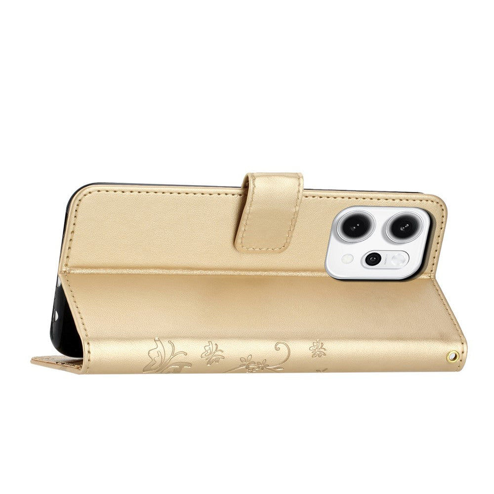 For Oppo Reno14 Pro 5G (Global) / Reno13 Pro 5G Leather Wallet Case Butterfly Flower Imprint Phone Cover with Strap - Gold