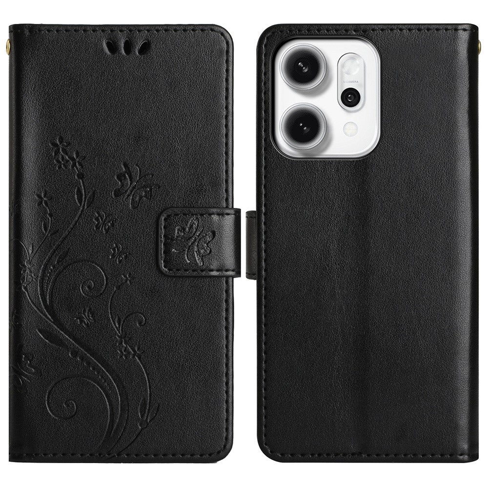 For Oppo Reno14 Pro 5G (Global) / Reno13 Pro 5G Leather Wallet Case Butterfly Flower Imprint Phone Cover with Strap - Black