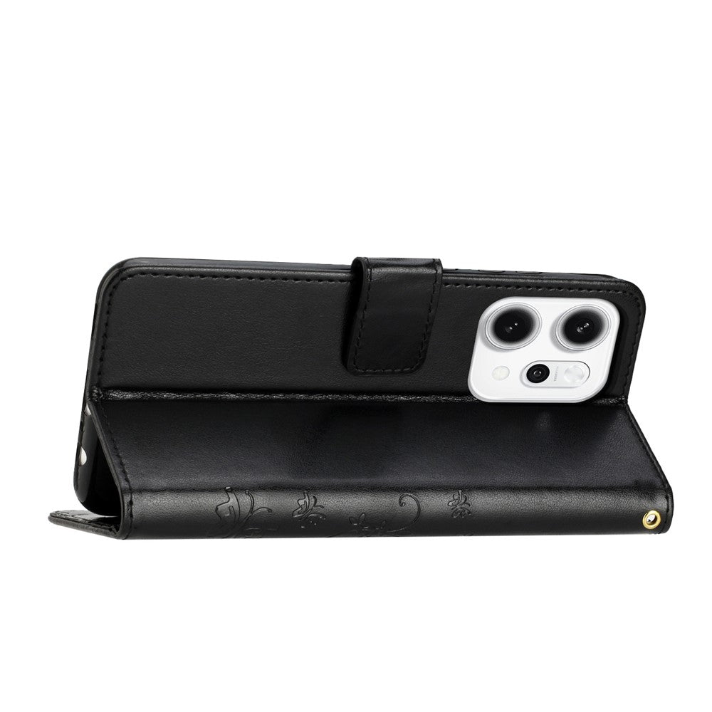 For Oppo Reno14 Pro 5G (Global) / Reno13 Pro 5G Leather Wallet Case Butterfly Flower Imprint Phone Cover with Strap - Black
