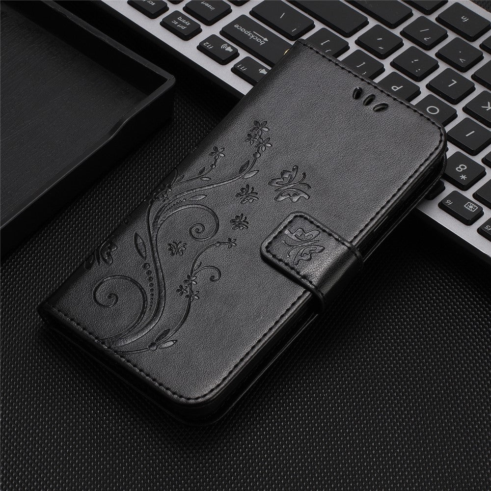 For Oppo Reno14 Pro 5G (Global) / Reno13 Pro 5G Leather Wallet Case Butterfly Flower Imprint Phone Cover with Strap - Black
