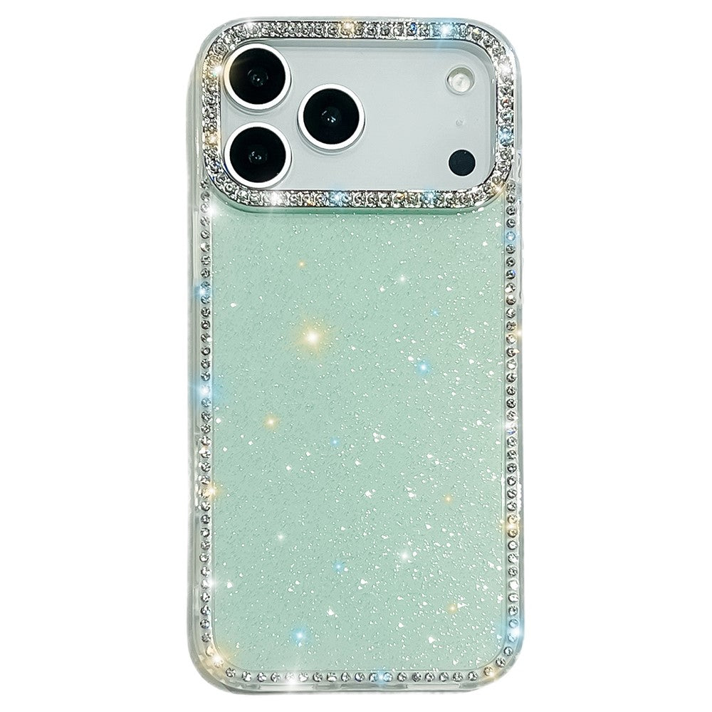 For iPhone 17 Pro Max Case Rhinestone Edge Glitter Back TPU + PC IMD Phone Cover - Glitter Light Green
