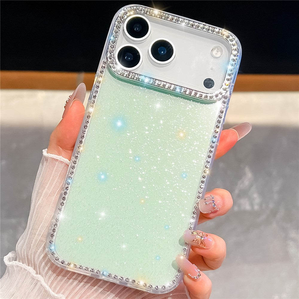 For iPhone 17 Pro Max Case Rhinestone Edge Glitter Back TPU + PC IMD Phone Cover - Glitter Light Green