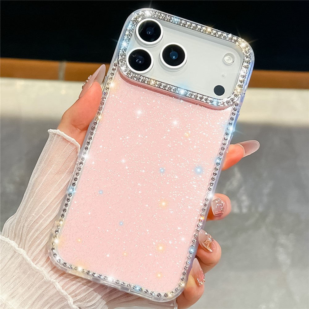 For iPhone 17 Pro Max Case Rhinestone Edge Glitter Back TPU + PC IMD Phone Cover - Glitter Light Pink
