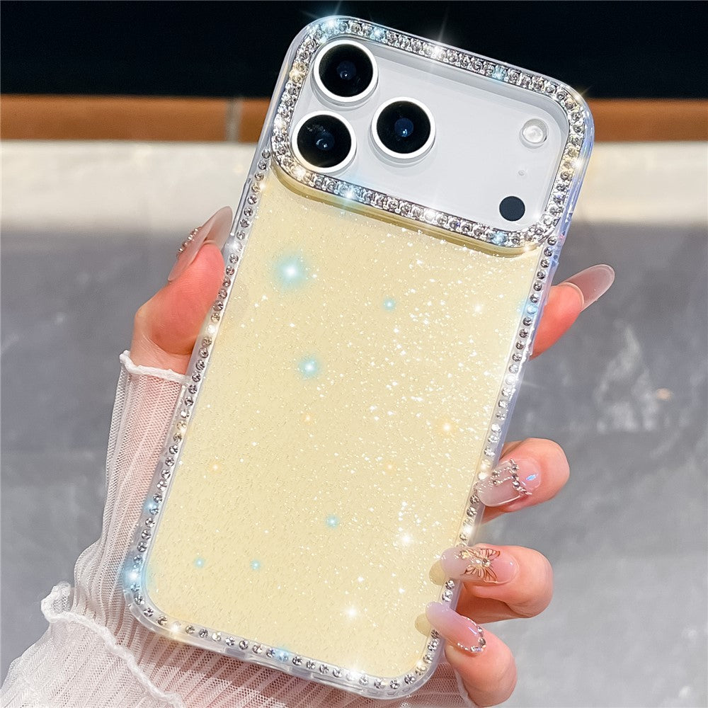 For iPhone 17 Pro Max Case Rhinestone Edge Glitter Back TPU + PC IMD Phone Cover - Glitter Light Yellow