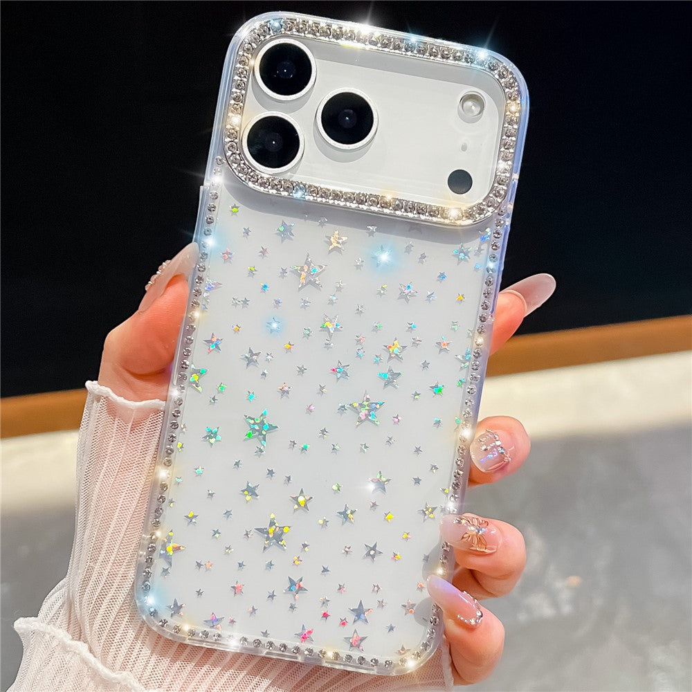 For iPhone 17 Pro Max Case Rhinestone Edge Glitter Back TPU + PC IMD Phone Cover - Starry Transparent