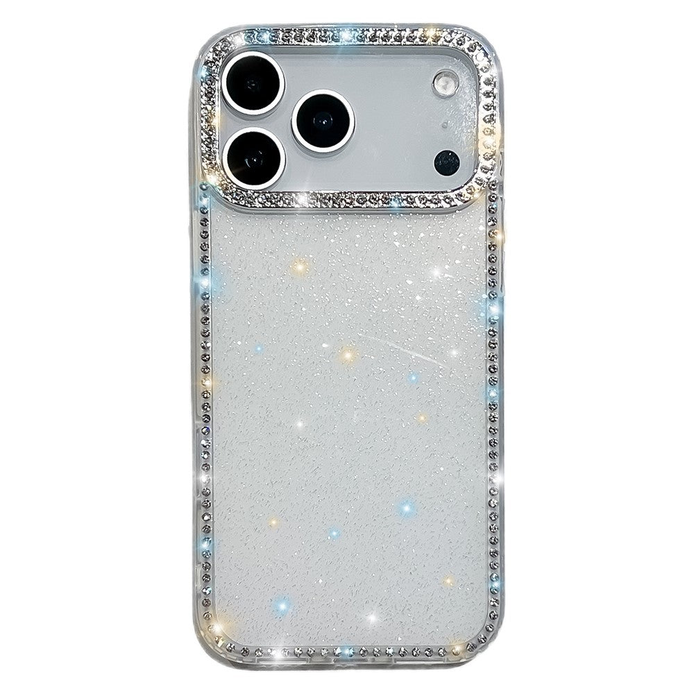 For iPhone 17 Pro Max Case Rhinestone Edge Glitter Back TPU + PC IMD Phone Cover - Glitter White