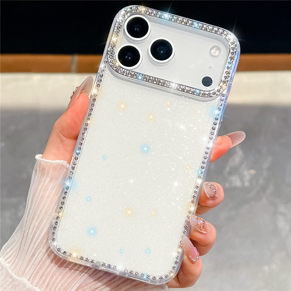 For iPhone 17 Pro Max Case Rhinestone Edge Glitter Back TPU + PC IMD Phone Cover - Glitter White