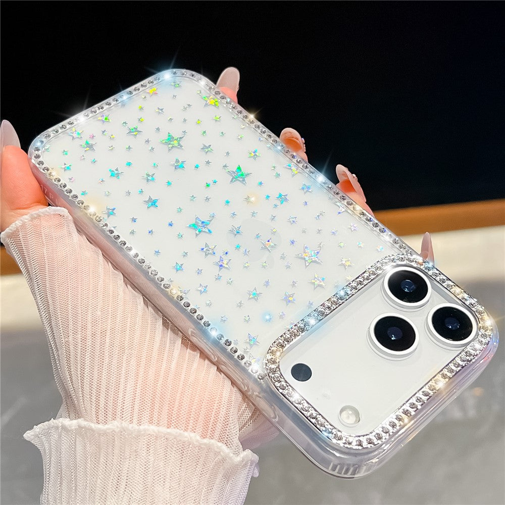 For iPhone 17 Pro Max Case Rhinestone Edge Glitter Back TPU + PC IMD Phone Cover - Glitter White