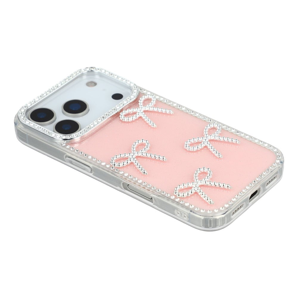 For iPhone 17 Pro Max Case Rhinestone Edge Butterfly Bow Decor TPU + PC IMD Phone Cover - Glitter Light Pink